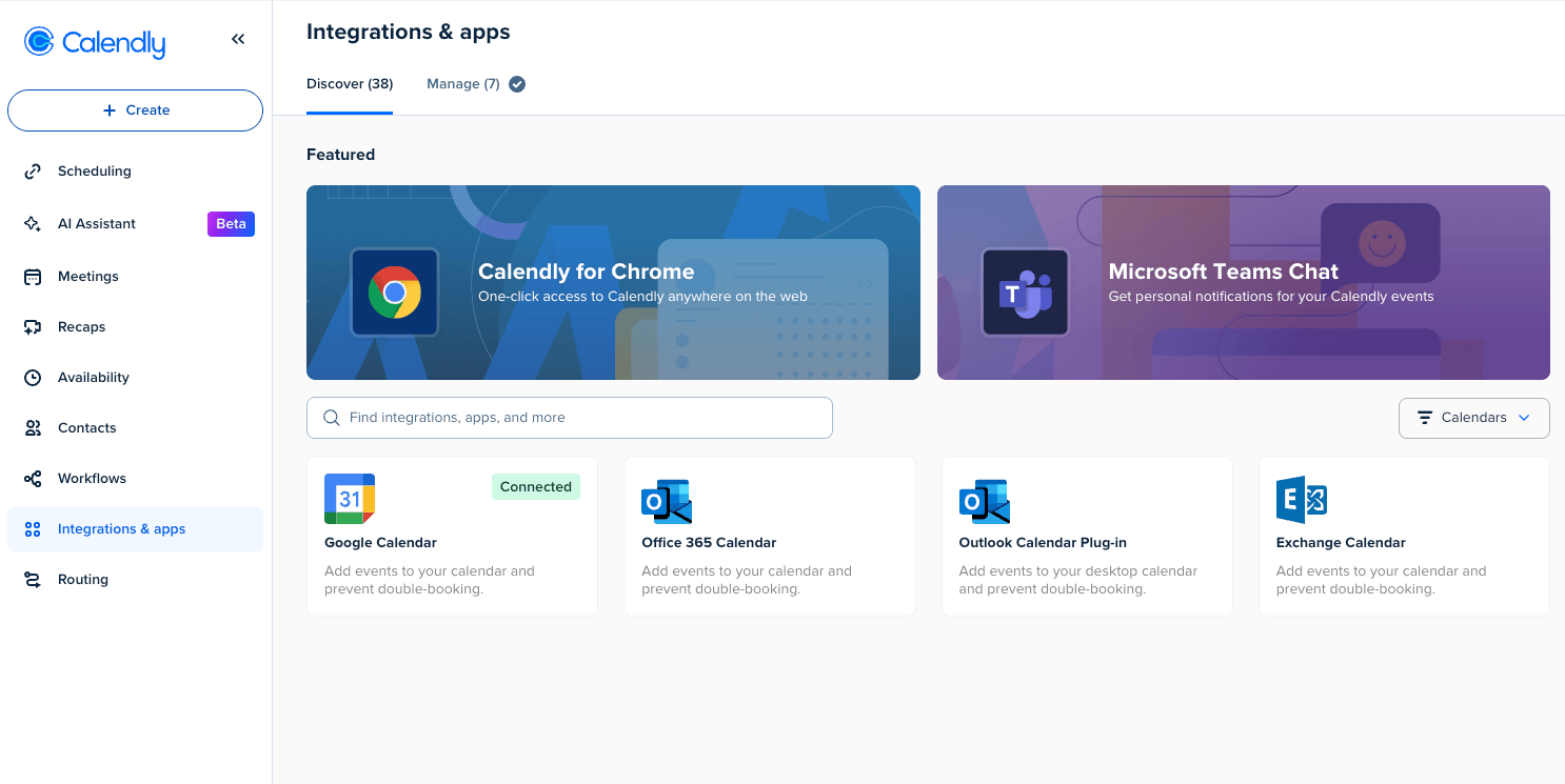 Calendly “Integrations & apps” page showing available integrations, including Google Calendar (connected), Office 365 Calendar, Outlook Calendar Plug-in, and Exchange Calendar.
